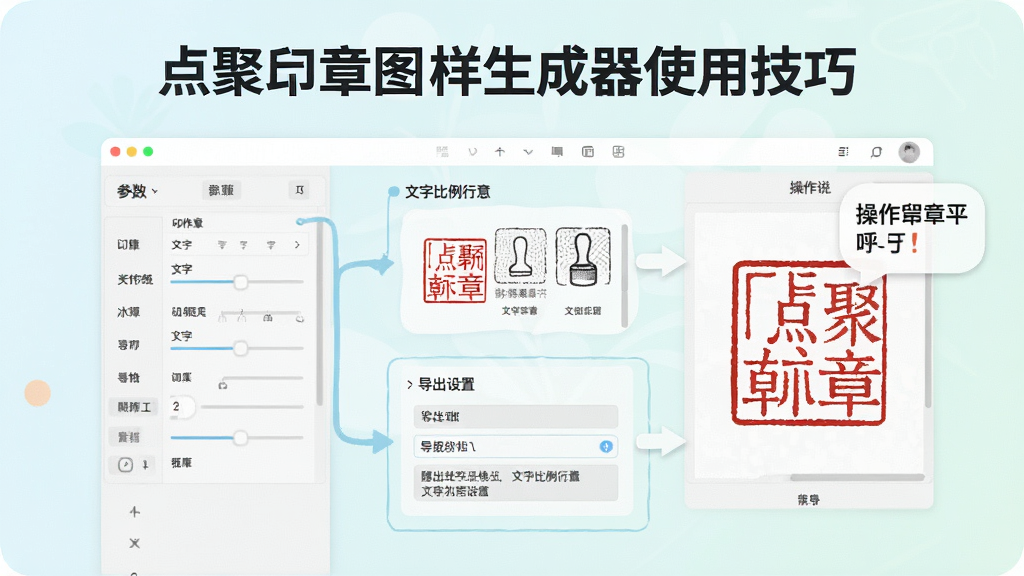 一张展示点聚印章图样生成器使用技巧的示意图,主体为软件操作界面与提示标注,布局采用图文结合形式,风格为清新浅色风,细节包含印章参数调整面板、文字比例示意、导出设置选项、红色印章图样、操作提示气泡,画质清晰干净无多余元素