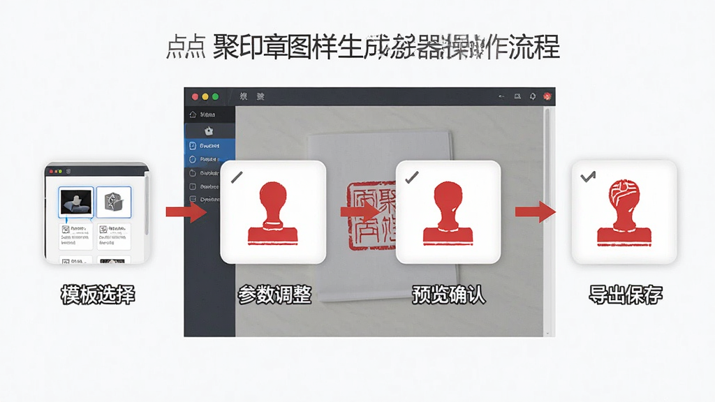 一张展示点聚印章图样生成器操作流程的示意图,主体为软件操作界面与步骤标注,布局采用横向流程图形式,风格为简约商务风,细节包含模板选择、参数调整、预览确认、导出保存四个步骤图标、红色印章图样、箭头引导线,画质清晰干净无多余元素