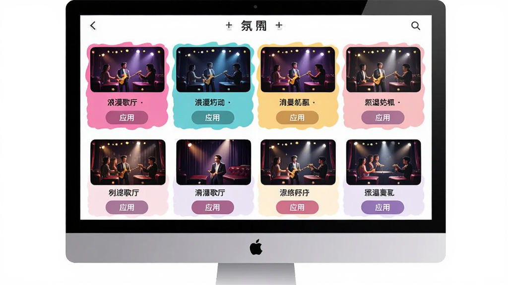 浪漫歌厅氛围主题切换界面,主体为电脑屏幕,屏幕上显示多种主题预览缩略图,布局为网格排列,排版美观,风格多彩活泼,细节包括主题名称、预览效果、应用按钮,画质清晰,干净,无多余元素