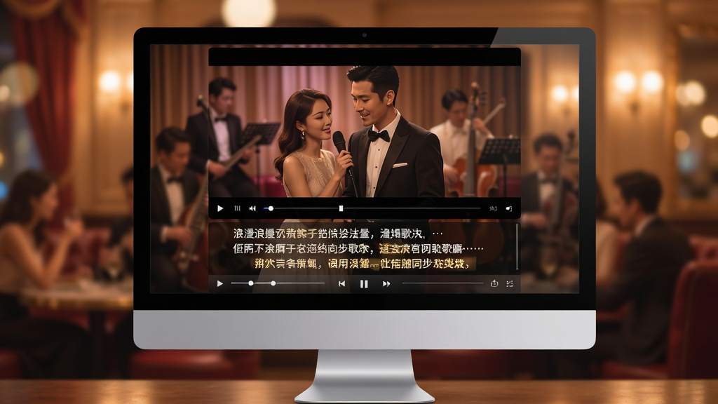 浪漫歌厅字幕同步播放界面,主体为电脑显示器,屏幕上显示歌曲播放画面与滚动歌词,布局为上方视频画面、下方歌词区域,排版居中,风格温馨浪漫,细节包括歌词高亮、背景虚化效果、播放控制栏,画质高清,干净,无多余元素