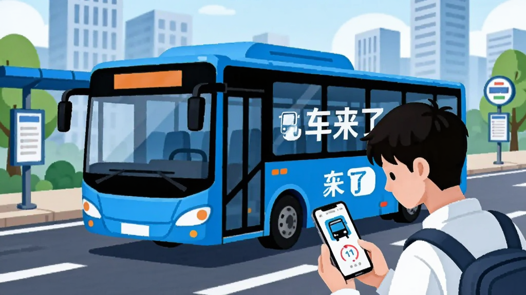 画面主体为一辆行驶在城市道路上的蓝色公交车,车身侧面印有