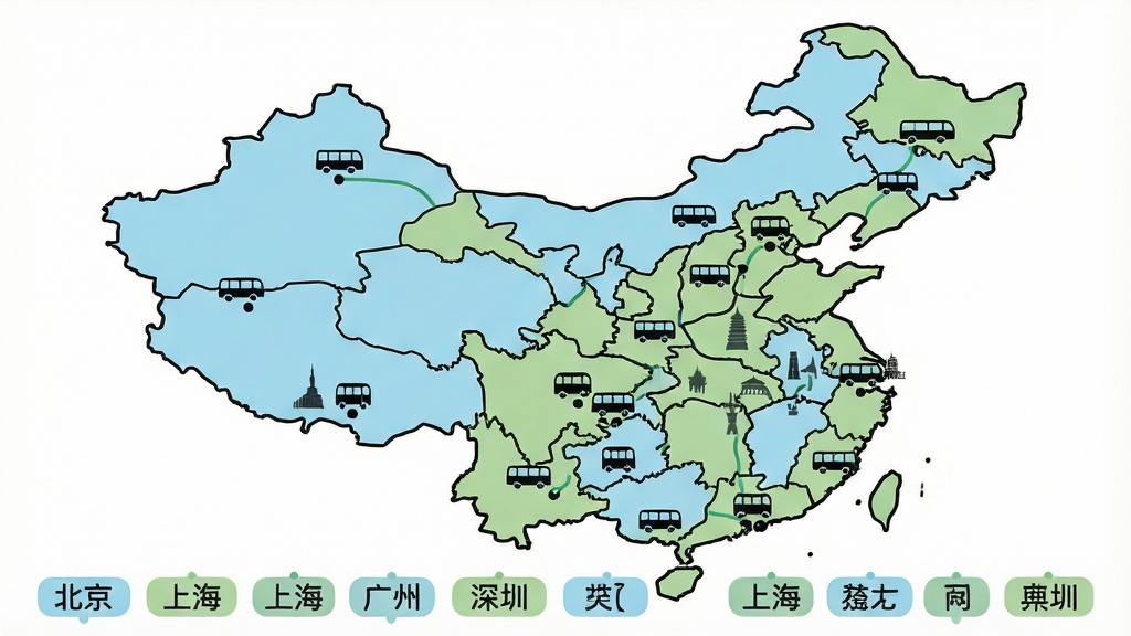 画面为一张中国地图简笔画风格,地图上多个城市位置标注小公交车图标,地图下方排列多个城市名称标签如