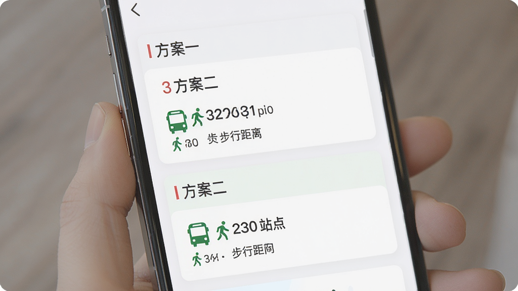 画面展示手机屏幕上的换乘查询结果页面,显示