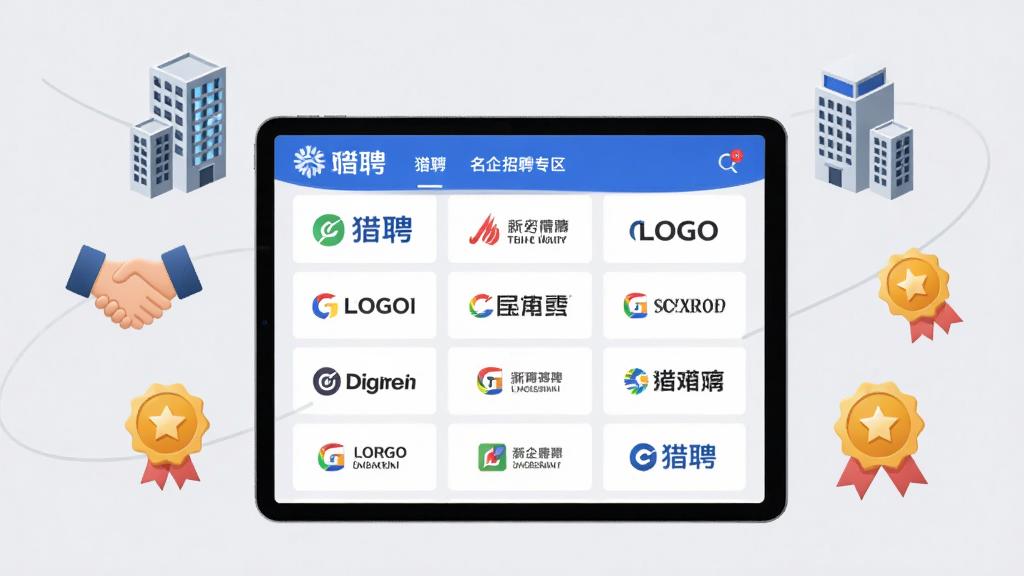 猎聘名企招聘专区展示图,画面中央为一部平板电脑,屏幕上展示猎聘APP的名企招聘专区页面,页面中有多个知名企业LOGO排列成网格状,平板周围漂浮着办公楼、握手图标和荣誉徽章等元素,布局为平板居中、元素环绕,风格为简约商务插画,细节上企业LOGO使用彩色,背景为浅灰色,画质高清,画面干净,无多余元素