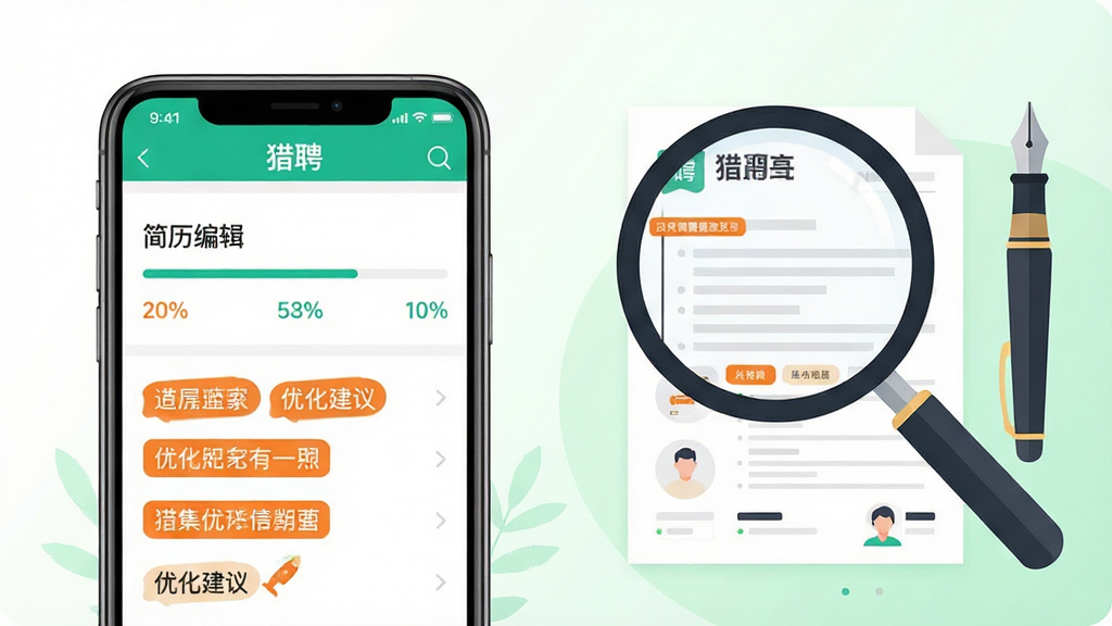 猎聘简历优化工具展示图,画面左侧为一部手机,屏幕显示猎聘APP的简历编辑页面,页面中有进度条和优化建议标签,右侧为一个放大镜和一支钢笔,放大镜中显示简历文档的局部放大效果,布局为手机居左、工具居右,风格为清新扁平插画,细节上优化建议标签使用橙色高亮,背景为白色和淡绿色渐变,画质高清,画面干净,无多余元素