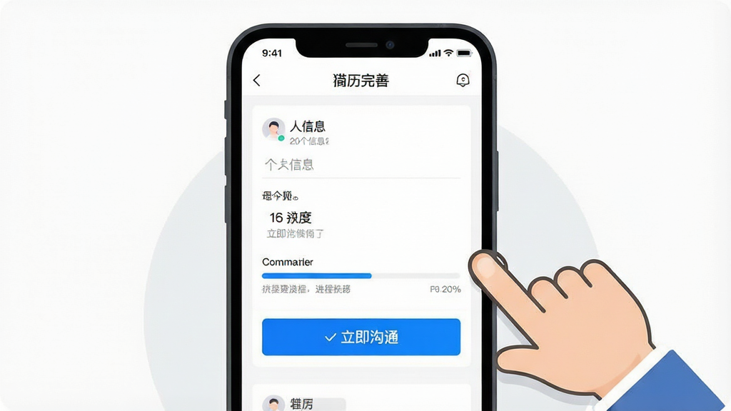 猎聘安卓版使用教程示意图,画面中一部手机竖屏展示猎聘APP的简历完善页面,页面中有个人信息填写框和进度提示条,手机旁边有一个卡通手指指向屏幕中的「立即沟通」按钮,布局为手机居中、手指居右,风格为扁平化教程插画,细节上按钮使用蓝色高亮,背景为白色和浅灰色,画质高清,画面干净,无多余元素