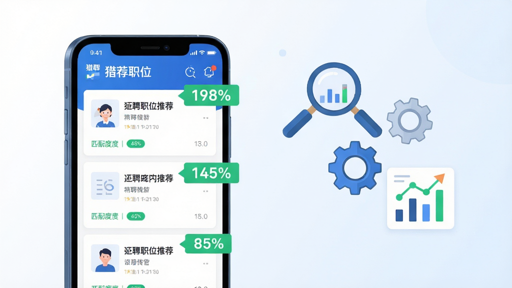 猎聘精准职位推荐功能展示图,画面主体为一部手机,屏幕显示猎聘APP的推荐职位列表页面,每个职位卡片旁边有匹配度百分比标签,手机右侧漂浮着放大镜、齿轮和数据分析图表等图标,布局为手机居左、图标居右的横向排版,风格为科技感扁平插画,细节上匹配度标签使用绿色高亮,背景为白色和淡蓝色渐变,画质高清,画面干净,无多余元素