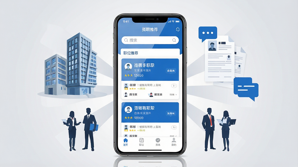 猎聘求职招聘平台全貌展示图,画面中央放置一部智能手机,手机屏幕上展示猎聘APP的职位推荐首页界面,界面中包含搜索框、职位卡片列表和底部导航栏,手机周围环绕着企业大楼、职业人士剪影、简历文档和对话气泡等元素,整体布局呈中心放射状,排版简洁有序,风格为现代商务扁平化插画,细节上手机屏幕带有轻微反光效果,职位卡片使用蓝色和白色配色,背景为浅灰色渐变,画质高清,画面干净,无多余元素