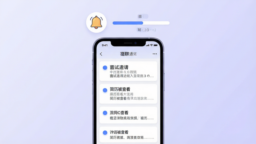 猎聘求职动态跟踪功能展示图,画面中央为一部智能手机,屏幕展示猎聘APP的消息通知列表页面,列表中有面试邀请、简历被查看等通知卡片,手机上方漂浮着铃铛图标和进度时间轴,布局为手机居中、图标居上,风格为现代简约插画,细节上通知卡片使用白色底色和蓝色圆点标记,背景为浅紫色渐变,画质高清,画面干净,无多余元素