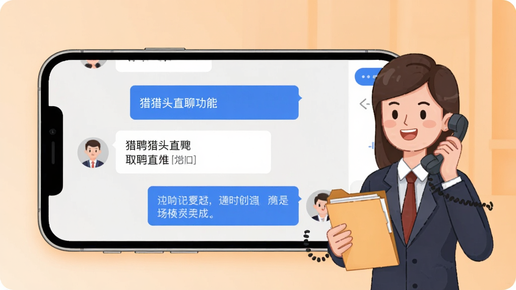 猎聘猎头直聊功能展示图,画面中一部手机横屏放置,屏幕展示猎聘APP的聊天对话界面,对话气泡中包含职位信息和沟通内容,手机旁边有一位职业猎头顾问的卡通形象,手持文件夹和电话,布局为手机居中、人物居右,风格为温暖商务插画,细节上对话气泡使用蓝色和白色,人物穿着正装,背景为浅橙色渐变,画质高清,画面干净,无多余元素