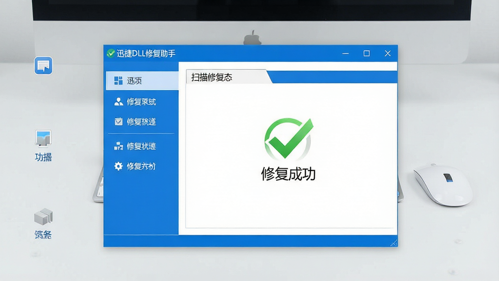 一张干净的电脑软件界面展示图,画面中央是迅捷DLL修复助手的软件主窗口,窗口标题栏清晰写着“迅捷DLL修复助手”,界面采用蓝白配色,左侧是功能导航菜单,右侧是扫描修复状态面板,显示绿色的“修复成功”勾选图标,背景是简约的浅灰色桌面,风格科技简洁,细节清晰,画质干净,无多余元素。