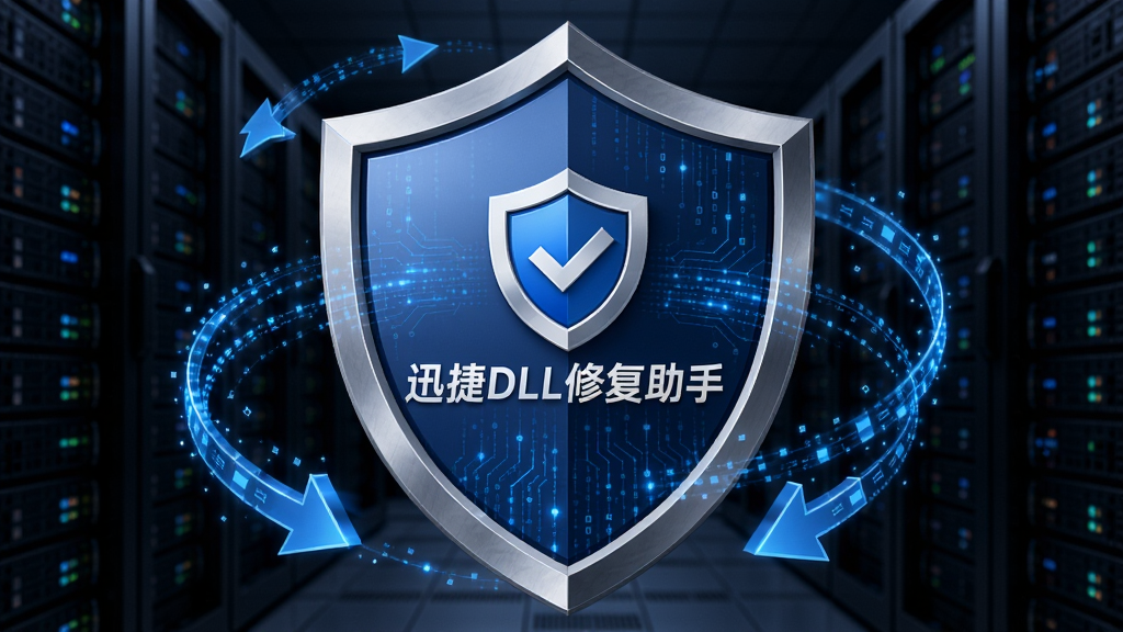 一个盾牌形状的图标,盾牌中心是“迅捷DLL修复助手”的LOGO,盾牌周围环绕着旋转的数字化备份箭头,背景是深色服务器机房,蓝色的数据流在盾牌表面流动,象征数据安全与备份,风格商务科技,细节清晰,画质干净,无多余元素。