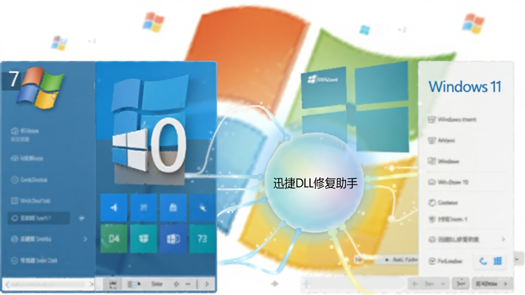 一张Windows操作系统多版本并排展示的抽象图,画面中有Windows 7、Windows 10、Windows 11的经典开始菜单图标,这些图标共同连接到一个发光的中心节点,节点上写着“迅捷DLL修复助手”,整体风格简洁明快,色彩柔和,画质干净,无多余元素。