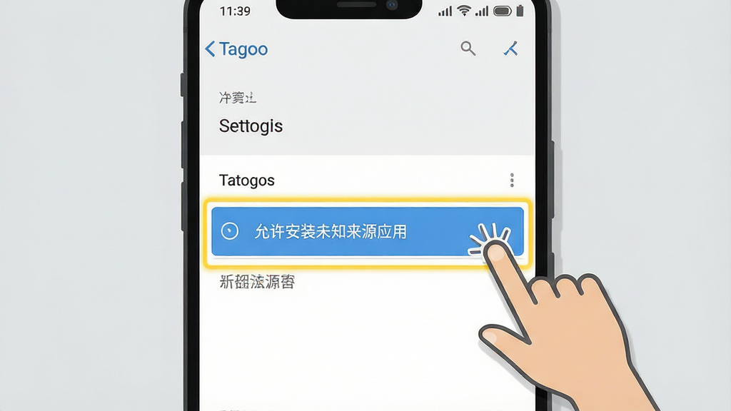 一张Tagoo安卓手机安装权限设置引导图,画面展示手机屏幕内设置菜单界面,高亮标注“允许安装未知来源应用”选项,旁边有手指点击图标,背景为浅灰色,风格扁平化,排版清晰,细节明确,画质干净,无多余元素