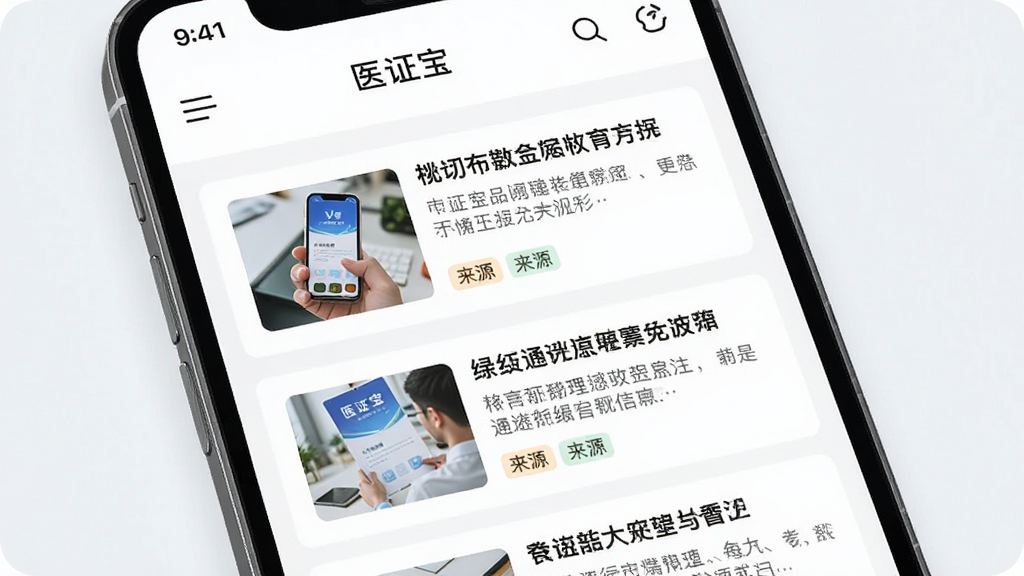 主体为手机屏幕展示“医证宝”资讯列表页面,布局为上下滑动式卡片排列,排版清晰有序,风格为清新阅读风,细节包含文章缩略图、标题摘要与来源标签,画质高清,干净,无多余元素