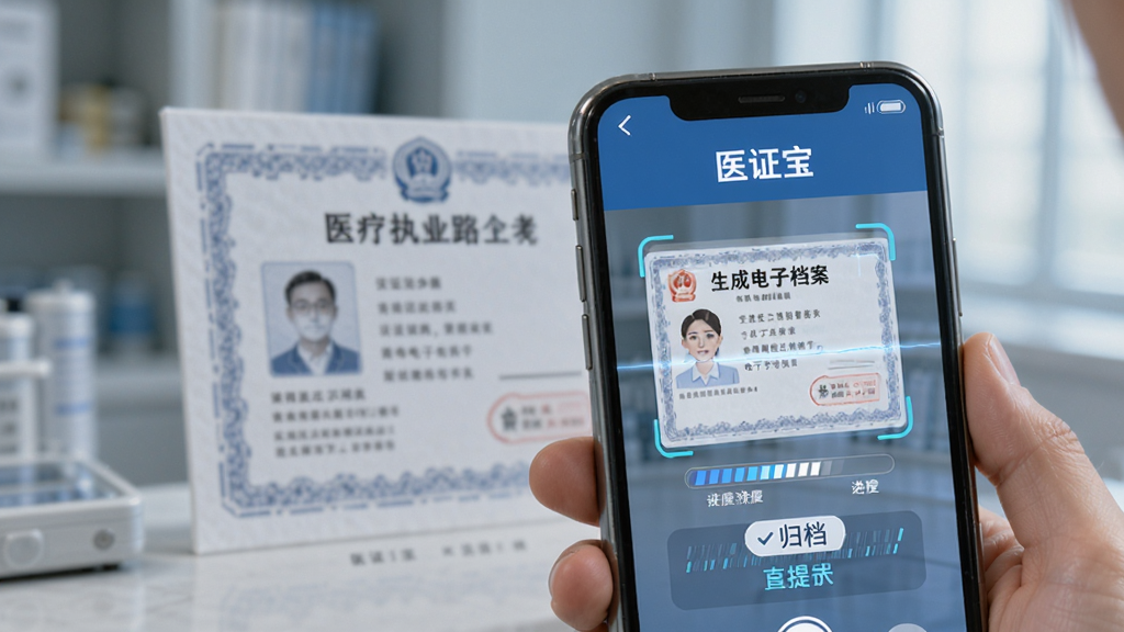 主体为一只手持手机拍摄医疗执业证书,屏幕显示“医证宝”自动识别证件边缘并生成电子档案,布局为手机与证书形成前后景关系,排版突出识别过程,风格为写实科技感,细节包含扫描框、进度条与归档提示,画质高清,干净,无多余元素