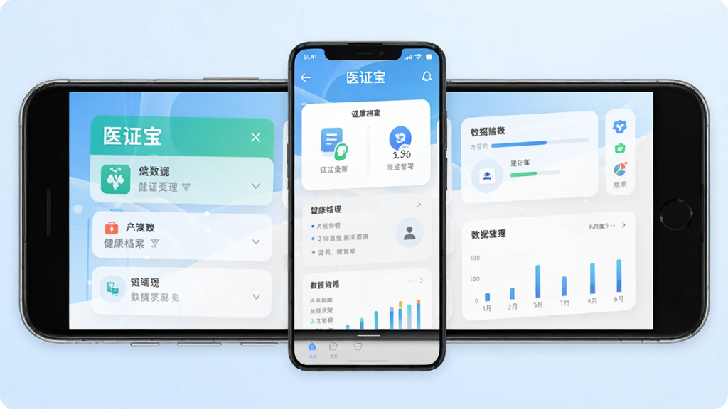 主体为一部安卓手机屏幕显示“医证宝”应用主界面,布局为手机居中放置于浅蓝色渐变背景中,排版简洁清爽,风格为现代医疗科技风,细节包含健康档案卡片、证件管理图标与数据图表元素,画质高清,干净,无多余元素