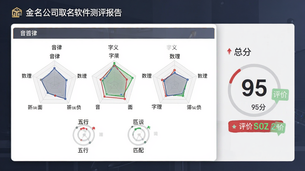 金名公司取名软件测评报告界面,画面展示一份详细的打分表,包括音律、字义、数理、五行、行业匹配五个维度的雷达图,总分显示为95分,旁边有红绿相间的评价标签,整体风格清晰易读,细节精致,画质干净