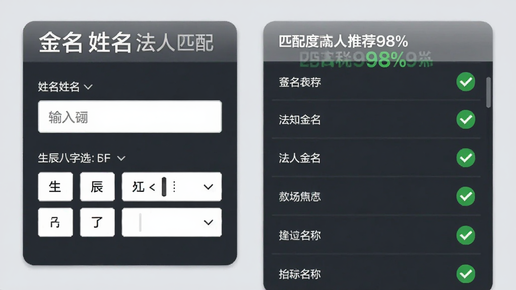 金名公司取名软件法人匹配界面,画面左侧是法人姓名输入框和生辰八字选择器,右侧是匹配度高达98%的推荐名称列表,列表旁有绿色对勾图标,背景是柔和的浅灰色,风格简洁商务,画质清晰