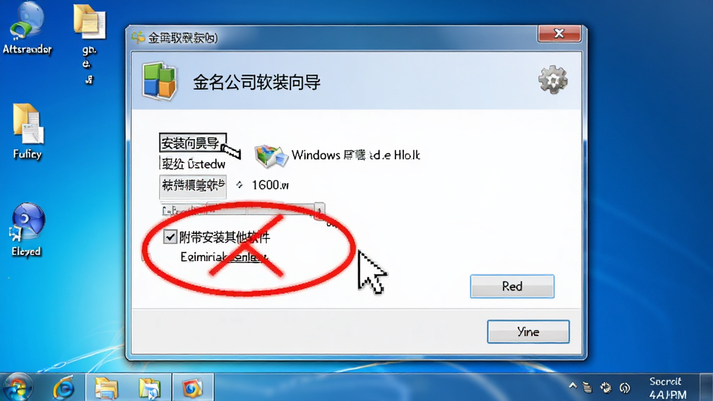金名公司取名软件安装向导界面,画面展示一个典型的Windows安装窗口,其中“附带安装其他软件”的复选框被红色圆圈圈出并打叉,旁边有鼠标指针,背景是干净的桌面,风格写实,细节清晰,画质干净