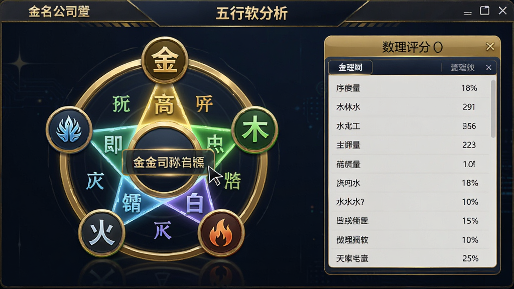 金名公司取名软件五行分析界面,画面显示一个圆形的五行能量图,周围环绕着金木水火土的图标,鼠标指针正悬停在公司名称上,右侧弹出详细数理评分面板,整体色调以金色和深蓝色为主,风格专业严谨,细节丰富,画质清晰