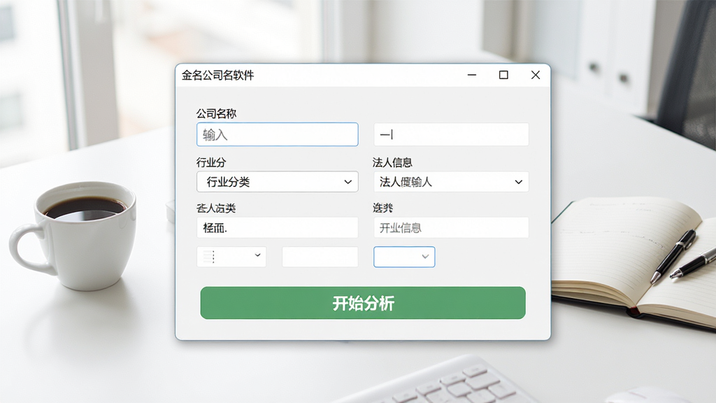 金名公司取名软件主界面展示,画面中央是软件运行窗口,窗口内整齐排列着公司名称输入框、行业分类选项、法人信息填写区域以及醒目的开始分析按钮,背景是简洁明亮的办公桌面,桌面上放着一杯咖啡和一本打开的笔记本,整体风格商务清新,细节清晰,画质干净,无多余元素