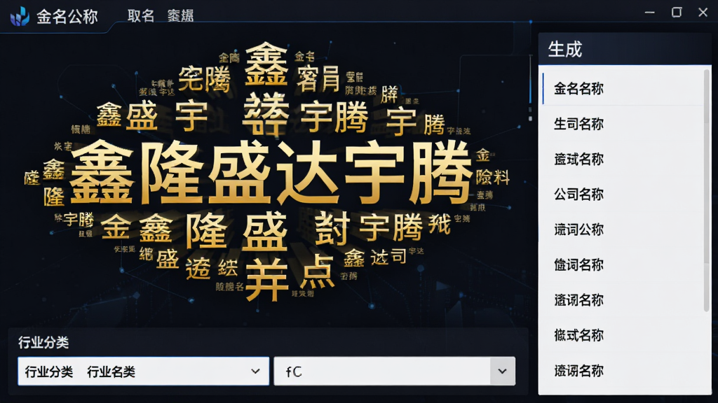 金名公司取名软件字库联想界面,画面展示一个巨大的文字云,文字云中漂浮着“鑫隆盛达宇腾”等金色汉字,下方是行业分类下拉菜单,右侧是生成的公司名称列表,整体布局紧凑,风格现代科技感,画质干净