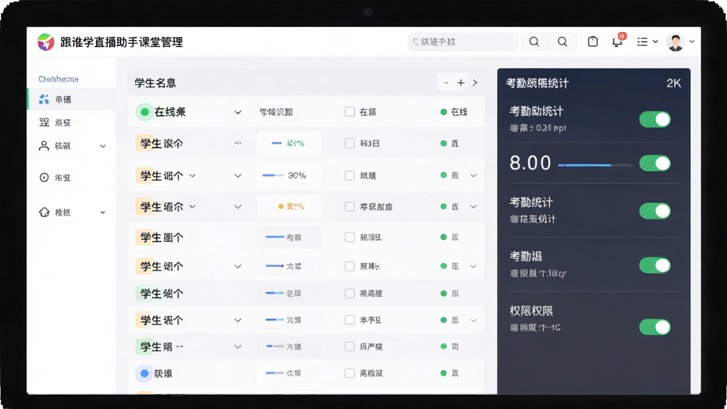一张展示跟谁学直播助手课堂管理功能的界面示意图,画面主体为电脑屏幕上的学生名单与互动数据面板,布局为清晰的数据可视化图表与列表,风格为扁平化商务科技风,细节包括在线状态标识、考勤统计数字和权限开关,画质为2K超清,干净无多余元素