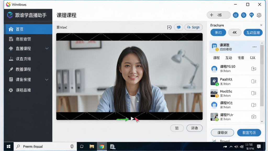 一张高清的软件界面截图风格图片,画面主体为跟谁学直播助手在Windows电脑上的主界面,界面布局清晰,左侧为功能导航栏,中间为直播预览窗口,右侧为互动工具面板,整体排版简洁专业,风格为现代教育科技风,细节包括清晰的按钮图标和课程列表,画质为4K超清,干净无多余元素
