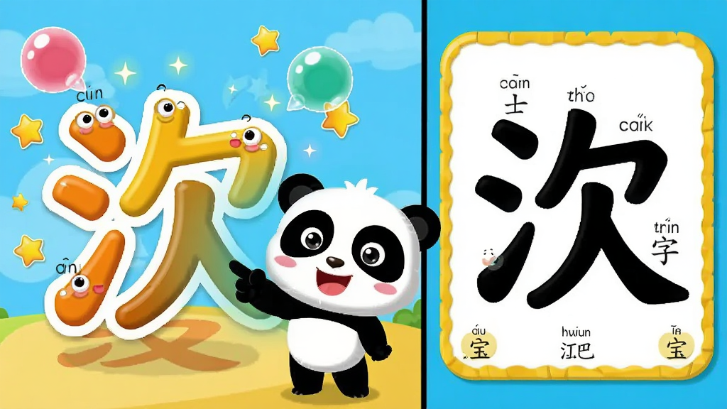 宝宝巴士汉字趣味动画识字场景,画面展示一个汉字正在变成动画角色,卡通熊猫在旁边指着汉字微笑,布局为左右分屏左侧动画右侧汉字卡片,风格为明快卡通风格,细节包括彩色气泡、星星特效、拼音标注,画质高清色彩饱满干净,画面中文字为
