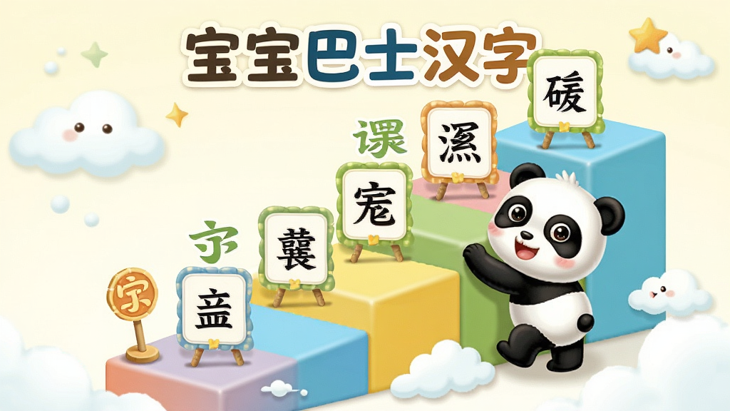 宝宝巴士汉字科学分级课程体系展示,画面展示阶梯式上升的课程路径,每个阶梯上放置不同难度的汉字卡片,卡通熊猫宝宝正在向上攀爬,布局为纵向阶梯式排版,风格为清新教育风格,细节包括里程碑标记、彩色台阶、云朵装饰,画质高清柔和干净,画面中文字为