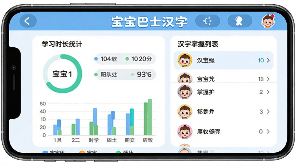 宝宝巴士汉字家长管理中心界面,画面展示家长手机端查看孩子学习报告,包含学习时长统计图表和汉字掌握列表,布局为仪表盘式排版,风格为简洁现代风格,细节包括进度环、柱状图、卡通头像,画质高清干净,画面中文字为