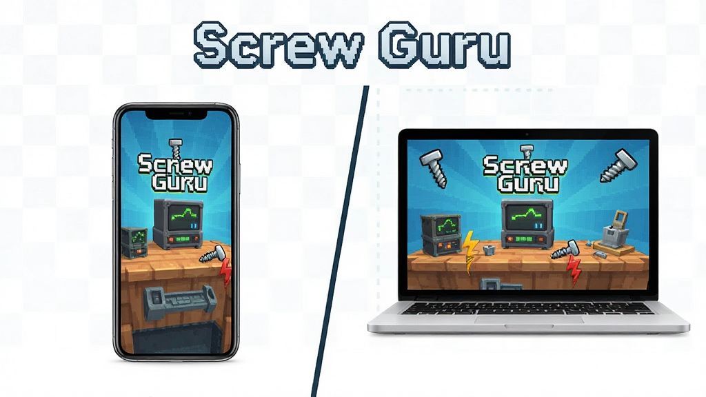 主体是手机和电脑同时显示Screw Guru游戏画面,布局为左右对比,排版为教程示意图,风格为科技简约,细节包括手机、笔记本、螺丝图标,画质高清、干净、无多余元素,图片中带有文字“Screw Guru”