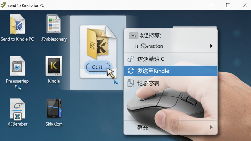 一张展示 Send to Kindle for PC 一键推送功能的AI生图,主体是用户手拿鼠标右键点击文件弹出菜单,菜单中高亮显示“发送至Kindle”选项,布局为电脑桌面背景,排版突出右键菜单,风格为真实软件截图风格,细节包括文件图标、菜单阴影、Kindle设备小图标,画质清晰,画面干净,无多余元素
