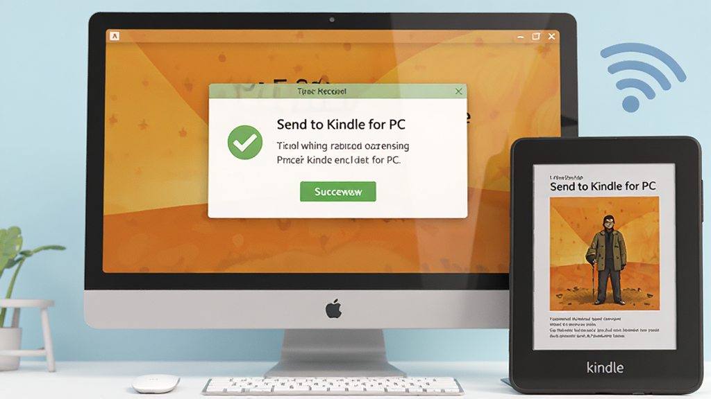 一张展示 Send to Kindle for PC 使用技巧的AI生图,主体是电脑屏幕上显示发送成功的提示框,旁边有Kindle设备显示已接收文档,布局为左右对比,风格为清新明亮风格,细节包括成功勾选图标、Kindle屏幕上的文档封面、Wi-Fi信号图标,画质高清,画面干净,无多余元素