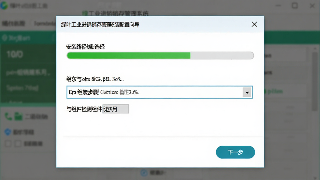 绿叶工业进销存管理系统安装配置向导界面,画面展示安装路径选择与组件检测步骤,布局为对话框居中,风格为简洁安装向导风,细节包括进度条、路径输入框、下一步按钮,画质清晰,干净,无多余元素