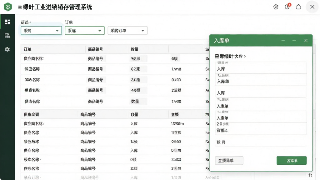 绿叶工业进销存管理系统采购入库管理界面,画面展示采购订单列表与入库单填写窗口,布局为上方筛选条件、下方数据表格,风格为清爽商务风,细节包括供应商名称、商品编号、数量、金额等字段,画质清晰,干净,无多余元素