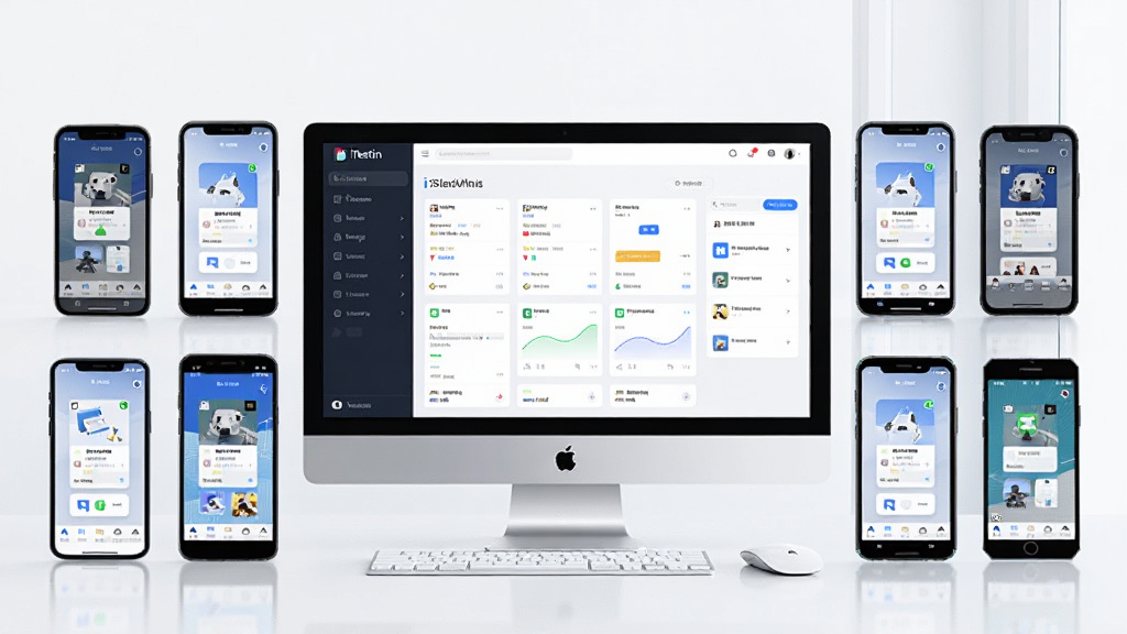 画面展示iTestin移动App自动化测试工具连接多台手机进行云端真机测试的场景,画面中央是一台电脑屏幕显示测试管理后台,周围环绕着各种品牌的智能手机,每台手机屏幕上都运行着被测App,风格简洁明亮,科技感十足,画质清晰,无杂乱元素