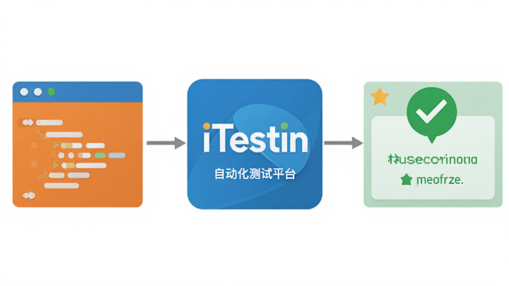 iTestin移动App自动化测试工具与持续集成平台对接的示意图,画面左侧是代码仓库图标,中间是iTestin移动App自动化测试工具标志,右侧是构建成功通知,整体风格扁平化,色彩鲜明,画质干净,无多余元素