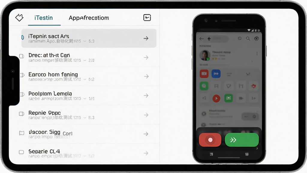 iTestin移动App自动化测试工具脚本录制界面特写,屏幕左侧是操作步骤列表,右侧是手机屏幕镜像,画面中有醒目的红色录制按钮和绿色回放按钮,界面布局清晰,风格现代简约,画质干净,无多余装饰