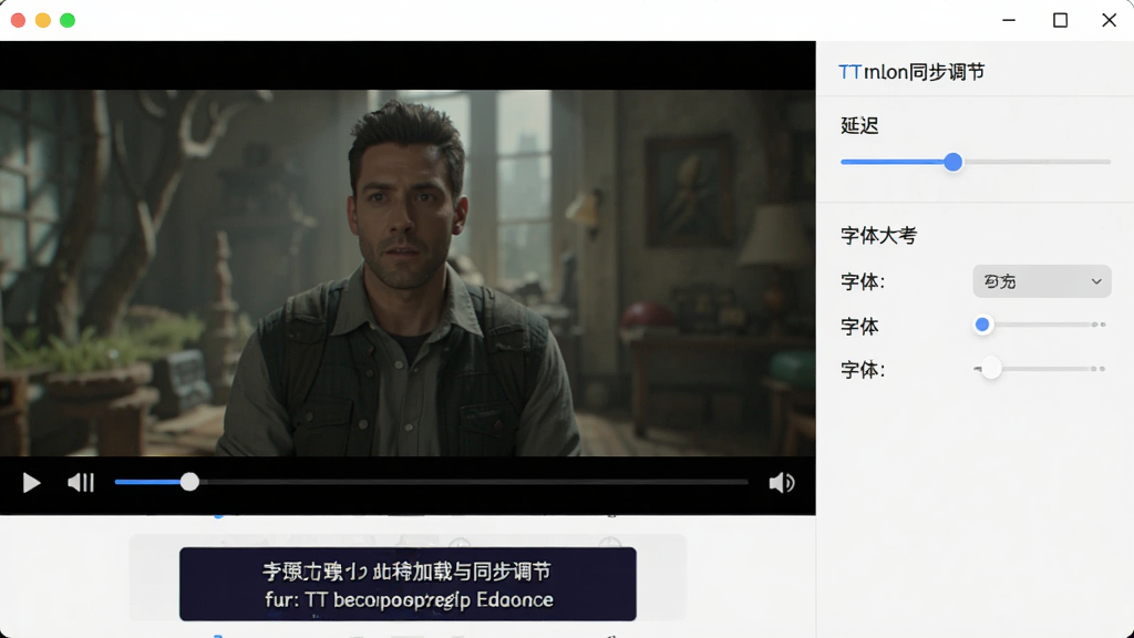 TT播放器字幕加载与同步调节界面图,画面显示视频播放窗口下方有字幕显示,右侧有字幕设置面板,包含延迟调节滑块和字体大小选项,界面风格简洁,布局清晰,细节到位,画质高清,无多余元素