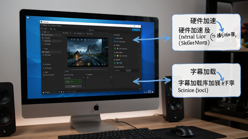 TT播放器使用技巧示意图,画面中电脑屏幕上显示TT播放器设置界面,旁边有标注文字框说明硬件加速和字幕加载步骤,整体风格教程化,布局清晰,细节丰富,画质高清,无多余元素