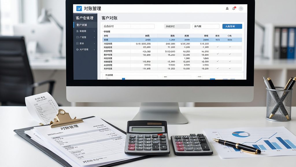 画面主体为办公桌上的对账单与计算器,电脑屏幕显示百惠仓库管理系统的客户对账界面,包含应收应付金额与账期列表,布局居中,风格简洁财务风,细节包括票据夹、钢笔与图表,画质清晰干净,无多余元素,屏幕文字显示“对账管理”