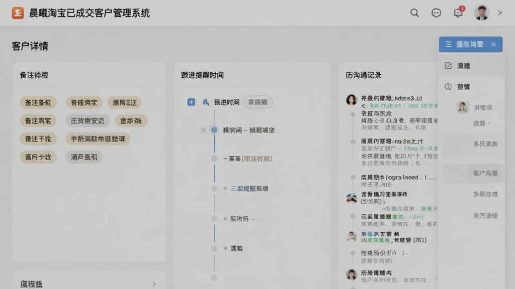 展示“晨曦淘宝已成交客户管理系统”的客户详情页面,包含备注标签区域、跟进提醒时间轴、历史沟通记录,界面布局紧凑,信息层次分明,风格柔和,画质清晰,干净无多余元素