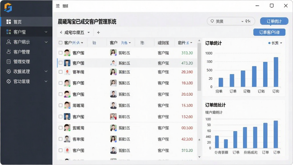 软件主界面展示,画面中央为“晨曦淘宝已成交客户管理系统”的窗口,左侧为功能导航栏,右侧显示客户列表与订单统计图表,整体布局清晰,风格简洁商务,画质清晰,干净无多余元素