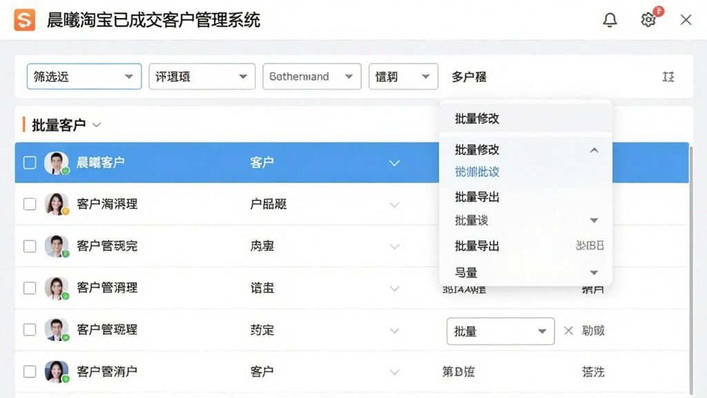 展示“晨曦淘宝已成交客户管理系统”的批量操作界面,多选客户列表后弹出操作菜单,包含批量修改、批量导出等选项,筛选条件栏位于顶部,风格简约商务,画质清晰,干净无多余元素
