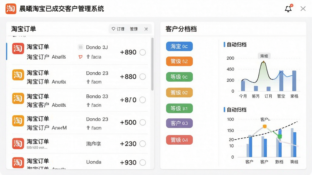 画面展示“晨曦淘宝已成交客户管理系统”的订单同步界面,左侧为淘宝订单列表,右侧为自动归档后的客户分组,用不同颜色标签区分客户等级,数据可视化图表清晰,风格现代简洁,画质清晰,干净无多余元素