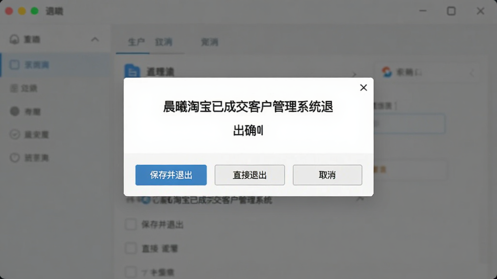 画面展示“晨曦淘宝已成交客户管理系统”的退出确认对话框,包含“保存并退出”“直接退出”“取消”三个按钮,界面风格简洁,画质清晰,干净无多余元素