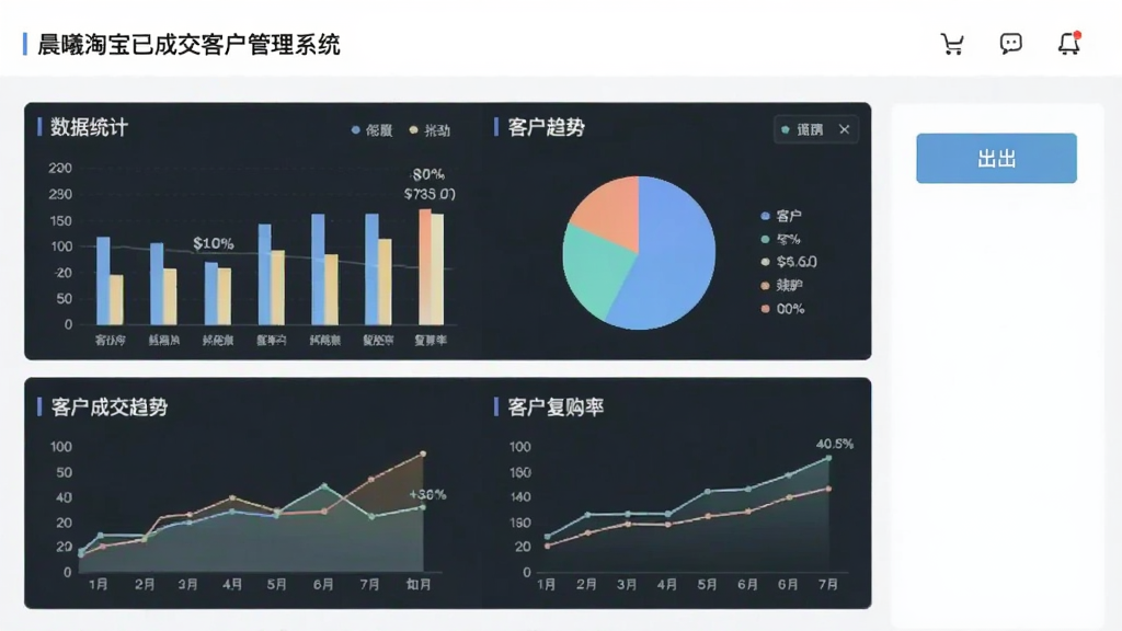 画面为“晨曦淘宝已成交客户管理系统”的数据统计面板,包含柱状图、饼图、折线图展示客户成交趋势与复购率,右侧有导出按钮,整体风格清新素雅,画质清晰,干净无多余元素