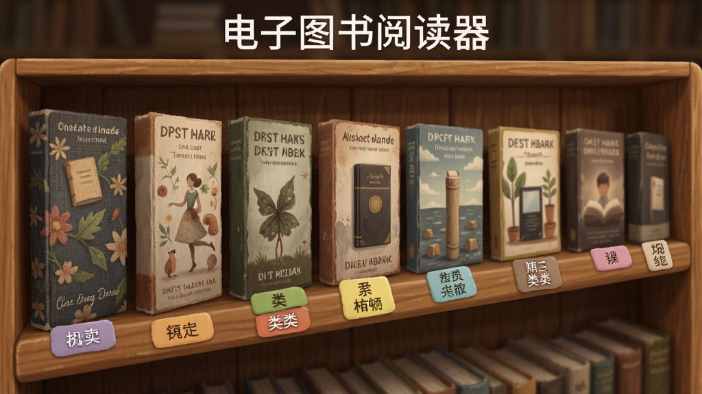 软件名称“电子图书阅读器”出现在书架顶部,画面展示一个虚拟木质书架,书籍封面整齐排列,每本书下方有分类标签,主体是书架与书本,布局为水平横向延伸,风格为温馨书房写实风,细节包括书本厚度质感、封面图案各异、标签颜色区分,画质4K,干净无多余元素